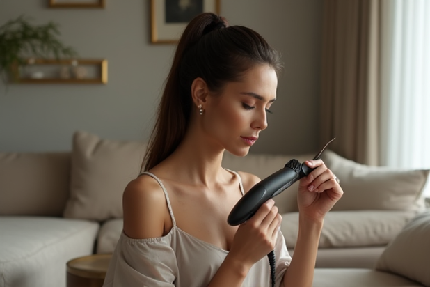 Mulher brasileira em ambiente elegante praticando autocuidado em casa