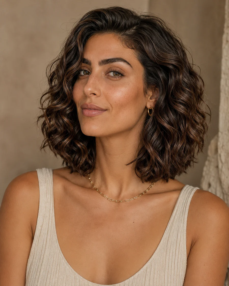 Mulher de pele oliva com cabelo castanho curto finalizado em ondas espirais