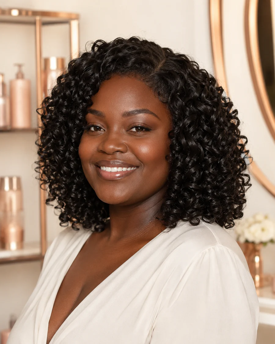 Mulher negra de pele retinta com cabelo preto na altura dos ombros finalizado em cachos definidos