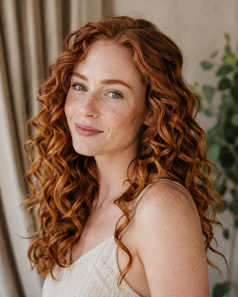 Mulher ruiva de pele clara com sardas e cabelo cobre finalizado em cachos suaves
